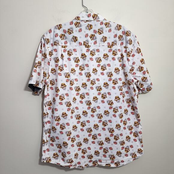 RF Brand skull in a bucket hat print button front short sleeve shirt mens size L - Picture 3 of 7
